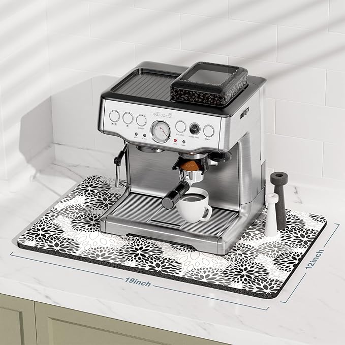 Rnivvi Coffee Mat, 12" x 19" Cute Coffee Bar Mats for Espresso Machine Station Accessories and Organizer, Hide Stain Rubber Backed Absorbent Dish Drying Pad for Kitchen Counter, Cartoon Flowers - Image 2