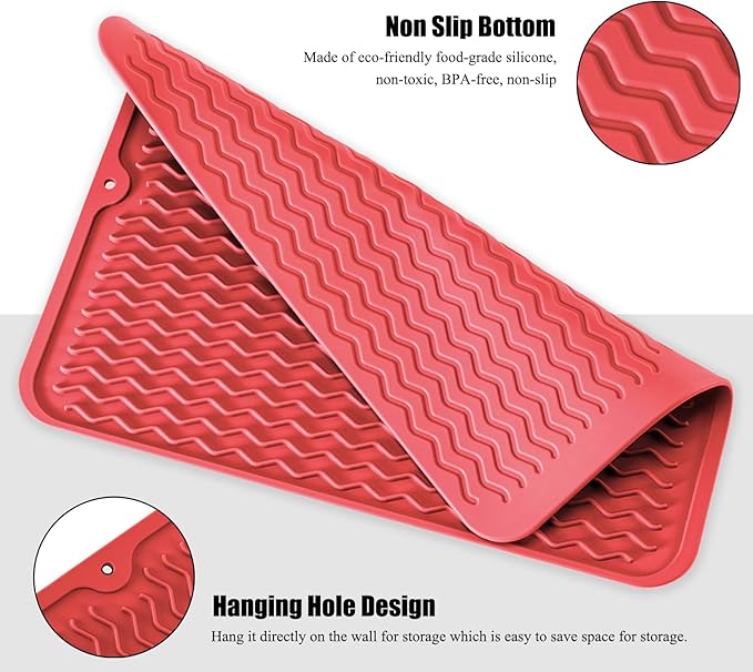 Large 14" x 11" Silicone Dish Drying Mat for Kitchen Counter, Easy clean, Quick Dry, Heat-resistant Dish Drainer Mat for Sink,Refrigerator or Drawer liner (Food Grade Silicone-Red) - Image 4