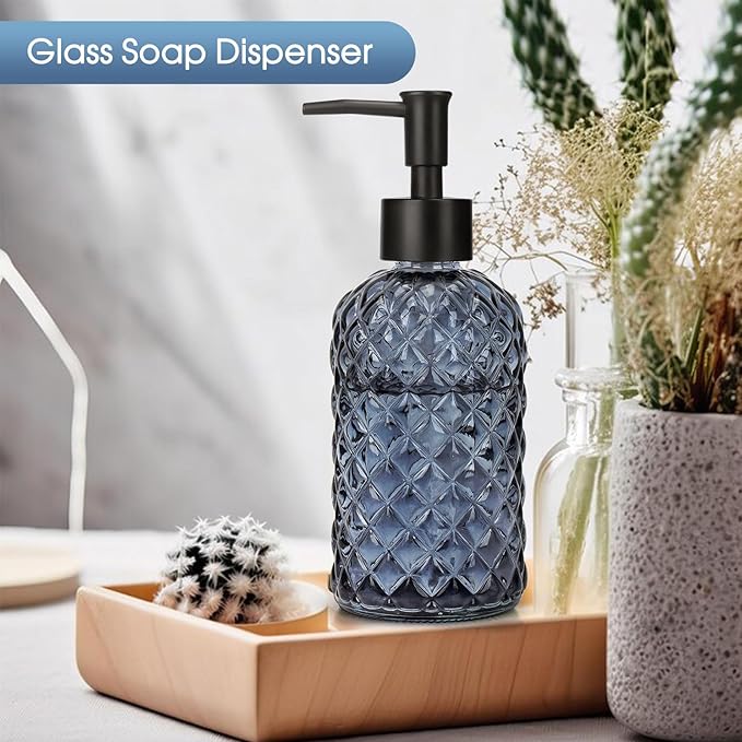Topsky Gem Glass Soap Dispenser with Black Plastic Pump, 13oz Liquid Hand Soap Dispenser, Rustproof Pump for Kitchen & Bathroom, Great for Lotions, Essential Oil, Liquid Soaps-Grayish Blue - Image 7