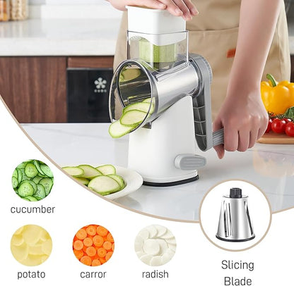 Weltonhm Rotary Cheese Grater with 4 Blades, Hand Crank Cheese Grater with Waffle Slicer, Black and White Cheese Slicer with Suction Base, Easier for Shredding& Grating (White and Grey, 4 Graters)