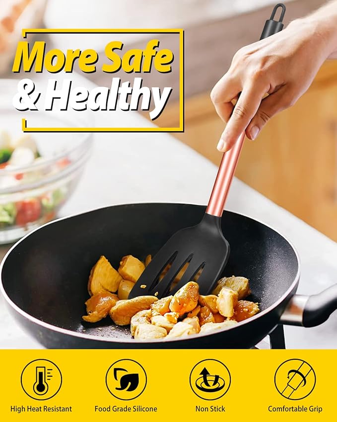 Pack of 2 Silicone Solid Turner, Non Stick Slotted Kitchen Spatulas, High Heat Resistant BPA Free Cooking Utensils, Ideal Cookware for Fish, Eggs, Pancakes(Rose Gold Black) - Image 5