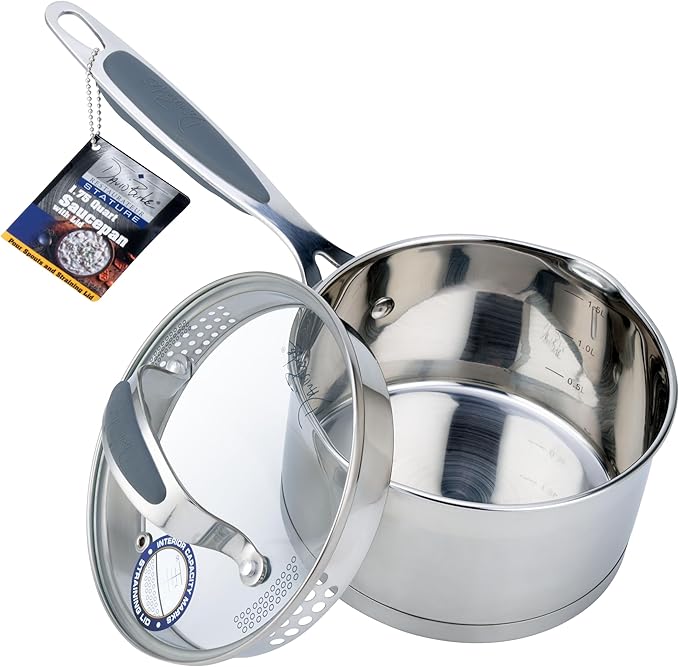 David Burke Stature Stainless Steel 1.75-Quart Sauce Pan with Strain Lid - Oven Safe - Brushed Gray