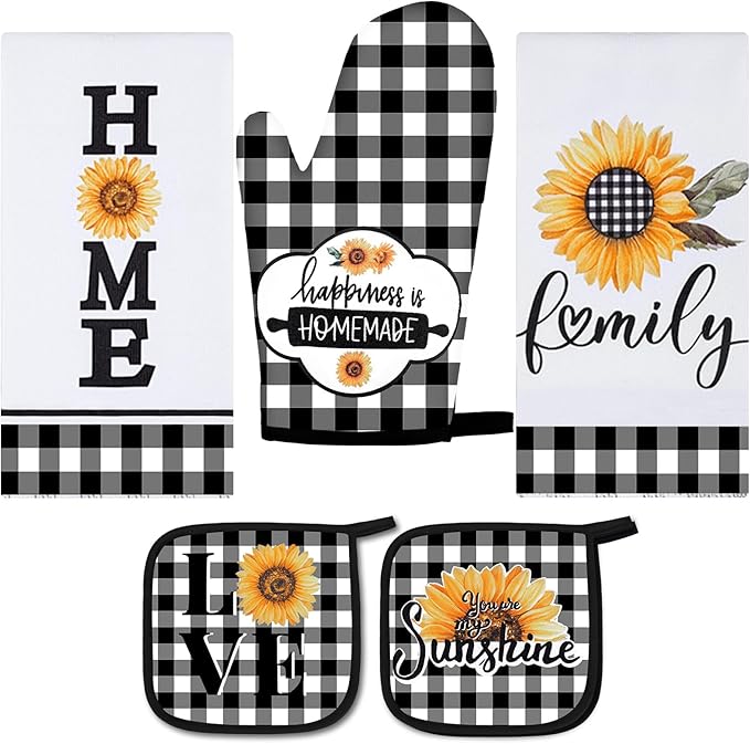 5 Pieces Buffalo Plaid Kitchen Towels Oven Mitts and Pot Holder Set Black and White Kitchen Towels Oven Gloves, Hot Pads Pot Holders for Farm House Accessories Decor(Sunflower) by Rtteri