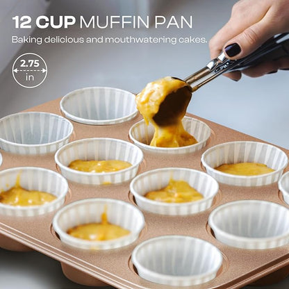 12-Piece Nonstick Bakeware Set with Baking Pan, Cake Pan, Muffin Pan, Loaf Pan, Square Pan, Roasting Pan, Cookie Pan, Cooling Rack & Utensils - Ceramic Coated Gold - Image 4
