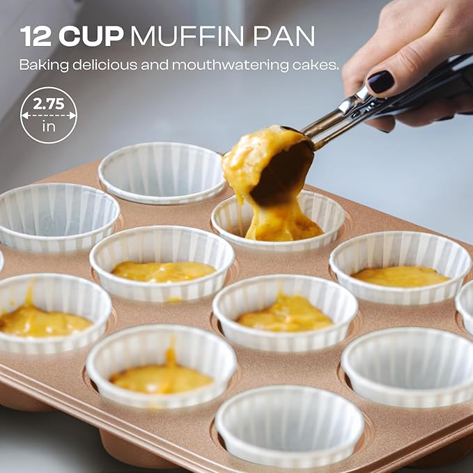 Baking Pans Set 8-Piece Bakeware Sets, Baking Sets for Cooking Nonstick Oven Pan Set, Baking Sheet Set, Cookie Sheets for Baking, Muffin Pan, Cookie Sheets (Ceramic Coated Gold) - Image 4