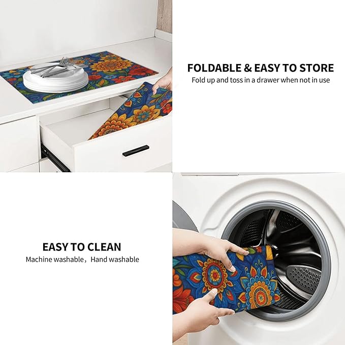 Colorful Mandala Dish Drying Mats for Kitchen Counter, Large 18"x24" Dish Mats for Drying Dishes, Microfiber Absorbent Dish Drying Pad Rack Mat Kitchen Decor Reusable Washable