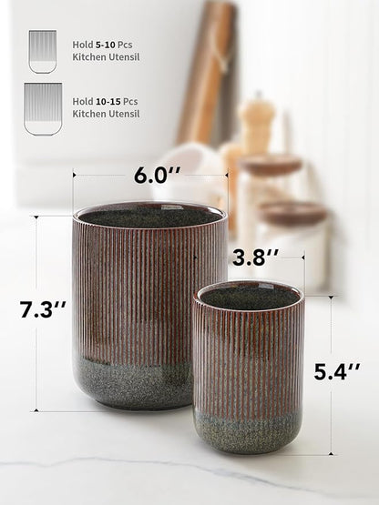 LE TAUCI Utensil Holder for Kitchen Counter, 7.3"+5.4" Fluted Ceramic Utensil Crock Organizer for Countertop, Heavy Large Holder for Spatulas, Spoons, Set of 2, Olive Brown Marble - Image 5