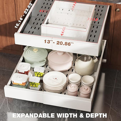 Seinloes 2 Pack Pull Out Cabinet Organizer Expandable Width(13"-21") and Depth(17"-24"), Slide Out Drawers With Raising Pad for Framed Cabinets, No Drill Roll Out Shelves for kitchen, Bathroom, White - Image 3