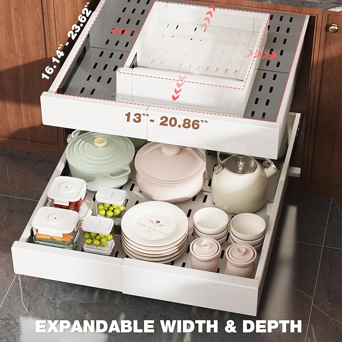 Seinloes 4 Pack Pull Out Cabinet Organizer Expandable Width(13"-21") and Depth(17"-24"),Slide Out Drawers With Raising Pad for Framed Cabinets,No Drill Roll Out Shelves for kitchen,Bathroom,White - Image 3