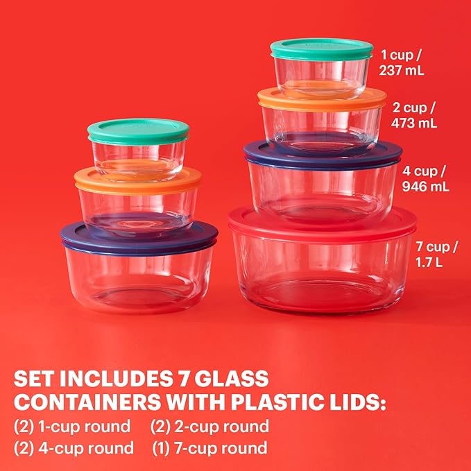 Pyrex Simply Store (7-Pack) Glass Food Storage Containers Set, (1, 2, 4 & 7 Cup) Meal Prep Containers With Plastic BPA-Free Lids, Dishwasher & Microwave Safe - Image 3
