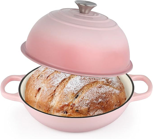 Enameled Cast Iron Bread Oven, Dutch Oven Pot with Lid, 10" Bread Dutch Oven for Sourdough Bread Baking, 6 Quarts Bread Pan with Dome Lid, Non-stick Cookware for Homemade Bread, Pink