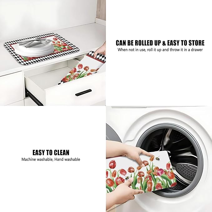 Dish Drying Mat for Kitchen Counter 2 Pack with Non-Slip Rubber Backing - Heat-Resistant Absorbent Coffee Bar Mat, Dish Rack Mat, Tulips Dish Drying Mats 18x24+19.5x12 inch