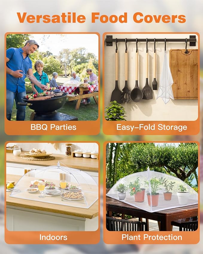 Anpro Food Covers for Outdoors - 1 Extra Large (40"x25") + 4 Large (17"x17") Pop-Up Mesh Food Tents, Collapsible Reusable Bug-Proof Nets for Picnics, BBQs & Camping, Stainless Steel Frame - Image 3