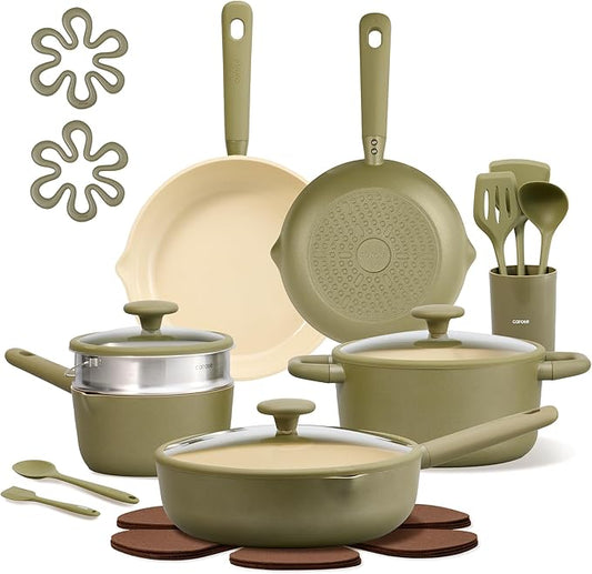 CAROTE 21pcs Cookware Set Nonstick Pots and Pans Set, Ceramic Cookware Set Induction Cookware, Non toxic Healthy Non Stick Kitchen Cooking Set, PFAS PTFE Free by CAROTE
