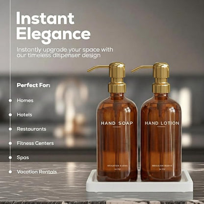Luxury Glass Soap and Lotion Dispenser Set with Tray by Brighter Barns - Hand Soap Dispenser Bathroom Set w/Stainless Steel Pump - Gold Bathroom Decor for Guest House, Airbnb, Spa, Gift (Amber/Gold) - Image 2