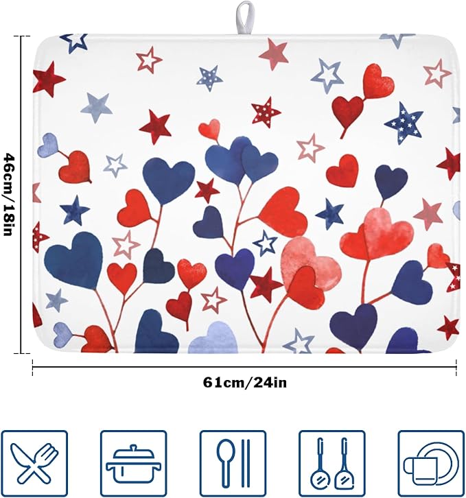 4th of July Dish Drying Mat for Kitchen Counter Patriotic Red Blue Star Love Heart Pattern Microfiber Dish Drainer Mat Independece Day Absorbent Washable Drying Pad Extra Large 18"x24"