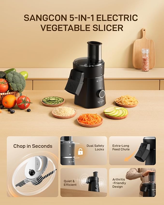 Sangcon Electric Cheese Grater for Block Cheese, 5-in-1 Automatic Salad Shooter & Vegetable Slicer with 5 Stainless Steel Blades, One-Touch Countertop Electric Grater for Cheese, Vegetables, Nuts - Image 2
