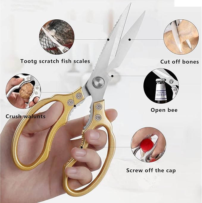 AWinjoy Kitchen Scissors, Heavy Duty Sharp Shears Dishwasher Safe, Kitchen Accessories Cooking Shears for Meat Chicken Fish Poultry Herb Bread (gold) - Image 3