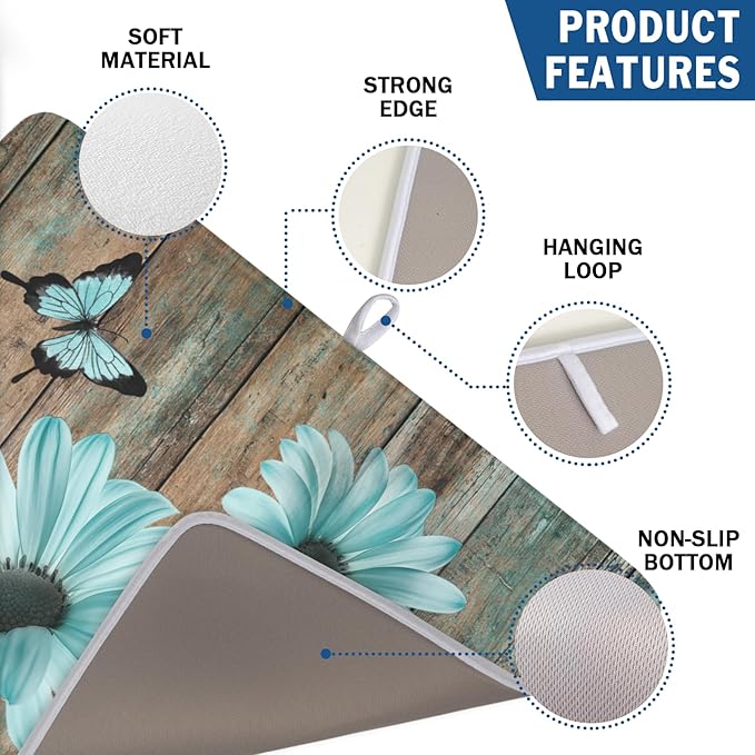 Teal Sunflowers Drying Mat 24x18 Inch, Summer Wooden Board Drying Mat with Absorbent Reversible Microfiber, Rustic Dish Drainer Mats Shabby Chic Floral Rack Pad for Coffee Countertop Kitchen Protector