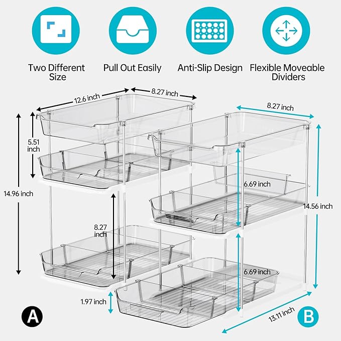 Delamu 2 Pack 3-Tier Bathroom Under Sink Organizers and Storage, Multi-Purpose Stackable Pantry Organization and Storage, Pull Out Clear Kitchen Bathroom Cabinet Organizer with Movable Dividers, Grey - Image 2