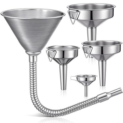 Blulu Set of 5 Stainless Steel Flexible Oil Funnels for Automotive Use Bendable Spout Funnel for Cars Boat Canning Diesel Fuel Other Liquids, with Hose and Filter