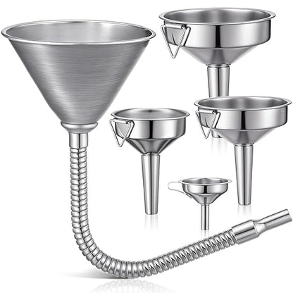 Blulu Set of 5 Stainless Steel Flexible Oil Funnels for Automotive Use Bendable Spout Funnel for Cars Boat Canning Diesel Fuel Other Liquids, with Hose and Filter