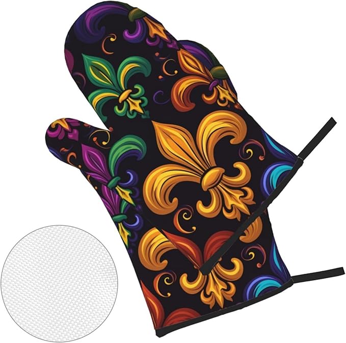 Colorful Fleur De Lis Oven Mitts and Pot Holders Sets Mardi Gras Kitchen Oven Gloves Heat Resistant 500 Degrees Oven Mitt and Hot Pad for Cooking BBQ Baking Grilling - Image 2