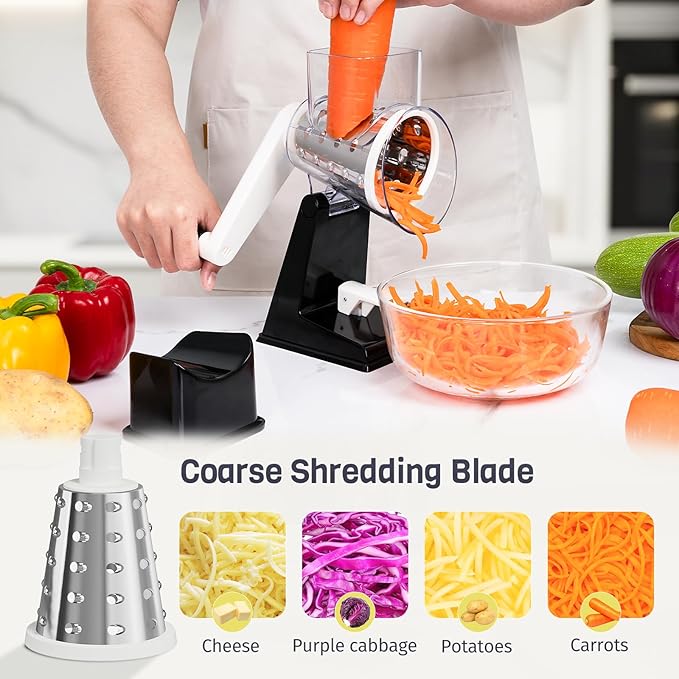 Upgraded Rotary Cheese Grater with 3 Interchangeable Stainless Steel Drums, One-Press Powerful Suction Manual Vegetable Shredder & Slicer for Kitchen, 15pcs Storage Bags Included, Black