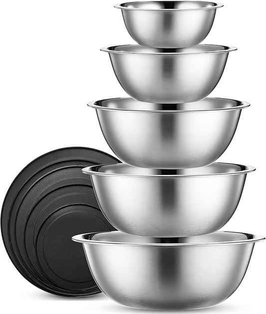 WHYSKO Stainless Steel Mixing Bowl Set, 10 Piece Stainless Steel Mixing Bowls with Lids Set for Food Prep Storage and Serving, Dishwasher Safe for Kitchen Baking Cooking, Silver by WHYSKO