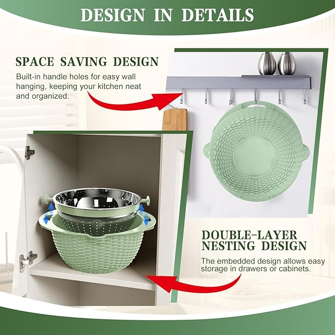 4-1 Colander with Fruit Bowl Set - Colander for Kitchen, Rotatable Strainers and Colanders(Patented), Pasta Strainer with New Upgraded Graters for Fruit, Veggie, Aesthetic Kitchen Essentials - Green - Image 7
