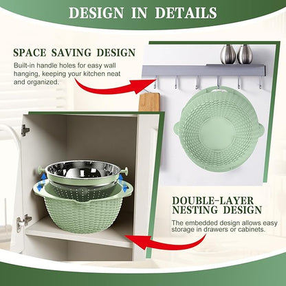 4-1 Colander with Fruit Bowl Set - Colander for Kitchen, Rotatable Strainers and Colanders(Patented), Pasta Strainer with New Upgraded Graters for Fruit, Veggie, Aesthetic Kitchen Essentials - Green - Image 7
