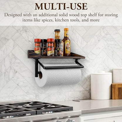 MyGift Paper Towel Holder for Kitchen, Shabby Whitewashed Wood Farmhouse Wall Mounted Kitchen Napkin Dispenser Rack with Top Storage Shelf Spice Racks (Matte Black Metal Paper)