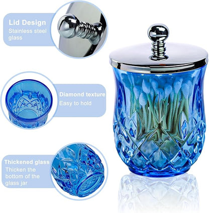 Qtip Holder,10Oz Blue Glass Apothecary Jars with Silver Lids for Bathroom Organization & Desk Storage,Thick Glass Apothecary Jars for Q-Tips,Cotton Rounds,Jewelry,Candy,Round
