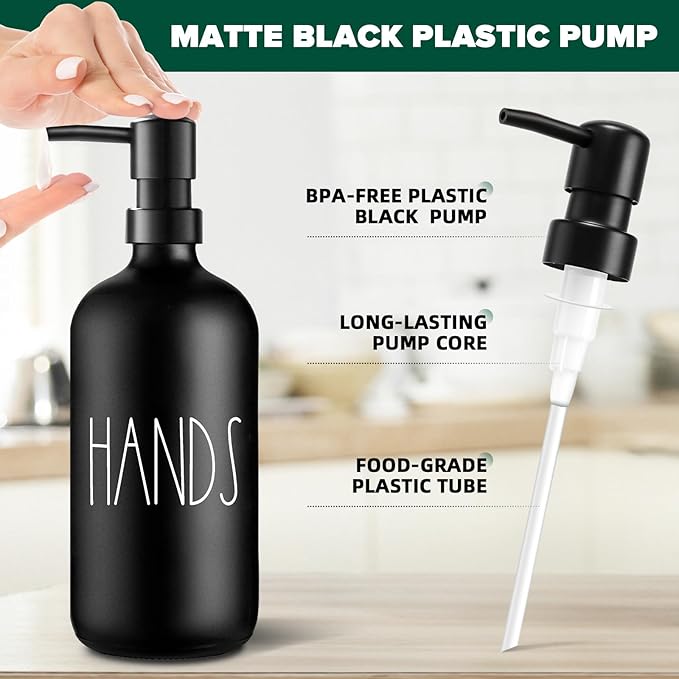 VIMERPA Hand Soap Dispenser, Matte Black Soap Dispenser for Bathroom, Glass Hands Liquid Dispenser with Plastic Pump, 17 Fl Oz Refillable Lotion Soap Bottle Container, Farmhouse Kitchen Decor - Image 3
