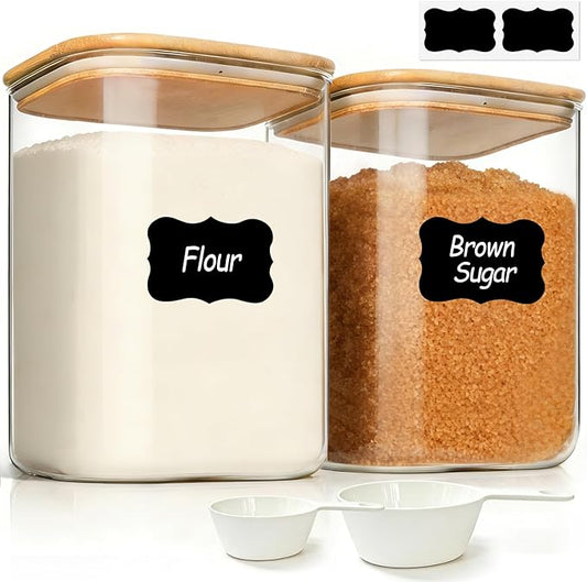 ComSaf 2Pcs Large Glass Storage Containers with Lids 4Qt, 1 Gallon Wide Mouth Flour Sugar Storage Containers, Large Capacity and Sealed for Rice, Cereal, Oat, Easy Clean and Scoop, Pantry Organization by ComSaf