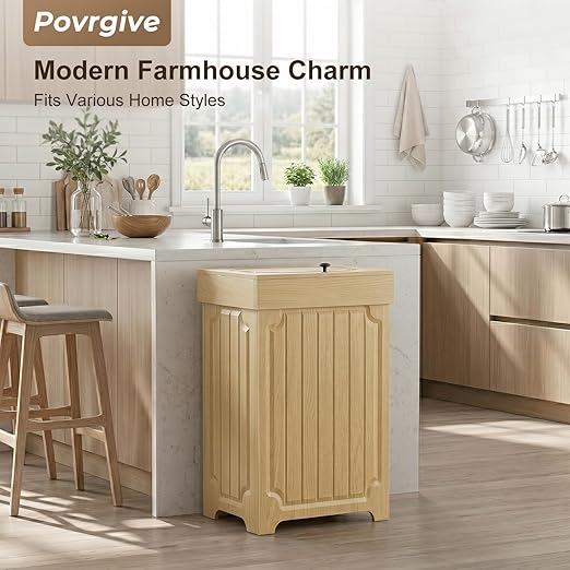 Povrgive Wood Trash Can Cabinet, 13 Gallon Hidden Kitchen Garbage Can with Lid, Farmhouse Dog Proof Trash Can, Metal Ring Included, 16" L x 13" W x 26.5" H, Wood - Image 6