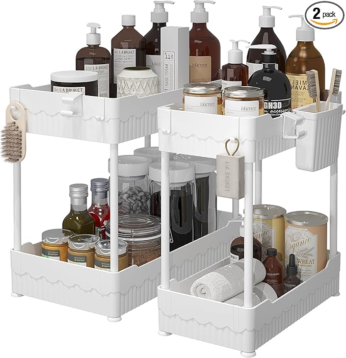 Sevenblue 2 Pack Under Sink Organizer, Under Bathroom Cabinet Organizer with Hooks Hanging Cup, Multi-Purpose Storage Shelf for Kitchen Bathroom (White, 14.8 Inch) by Sevenblue