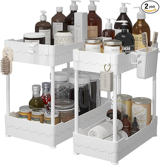 Sevenblue 2 Pack Under Sink Organizer, Under Bathroom Cabinet Organizer with Hooks Hanging Cup, Multi-Purpose Storage Shelf for Kitchen Bathroom (White, 14.8 Inch) by Sevenblue