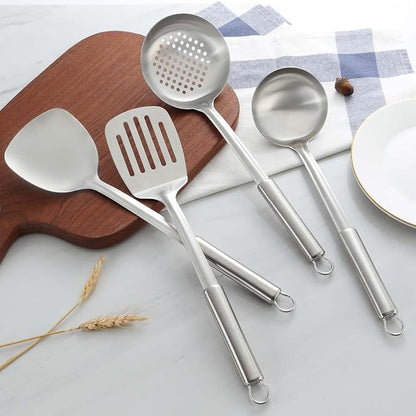 Pleafind Cooking Utensils Set - 4 Pcs Stainless Steel Kitchen Utensils, Wok Utensils Set Includes Spatula, Slotted Spatula, Ladle, Slotted Spoon, Ergonomic Handle & Heat Resistant, Dishwasher Safe