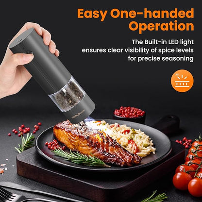 SIMPLETASTE Electric Salt and Pepper Grinder Set with LED Light, Automatic Pepper Mill Shakers with Adjustable Coarseness, One Hand Operation for Kitchen, Dining, Gifting, Black, Rechargeable - Image 2