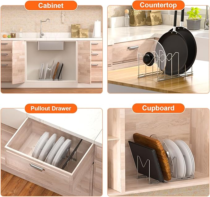HzTinT 3 Pack Pot Lid Organizer for Cabinet, Stainless Steel Pot Lid Rack with Anti-slip Pad, Lid Holder for Pans Pots, Bakeware, Plates, Cookie Sheets, Trays, Dish, Cutting Boards, Silver - Image 6