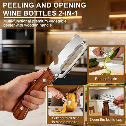 MultiFunctional Vegetable Peeler for Kitchen，Multifunctional Vegetable Peeler with Wooden Handle and Bottle Opener，2-in-1 Stainless Steel Kitchen Tool for Fruit Apple Potato Pumpkin Papaya (2) - Image 3