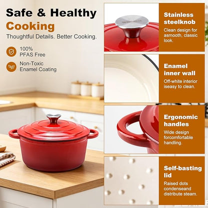 Enameled Cast Iron Dutch Oven - 5.5QT Pot with Lid,Oven Safe to 500°F,Heavy-Duty Cookware for Sourdough Bread Baking,Braising,Stews,Roasting Red - Image 6