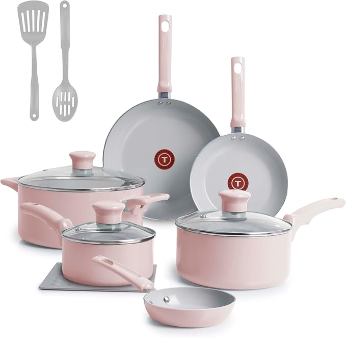 T-Fal Refresh Ceramic Nonstick Cookware Set, 12-Piece Ceramic Pots and Pans Set, Oven Safe to 350°F, Includes Stockpot, Griddle, Frying Pans, & Utensils, Dusty Rose by T-falbrand