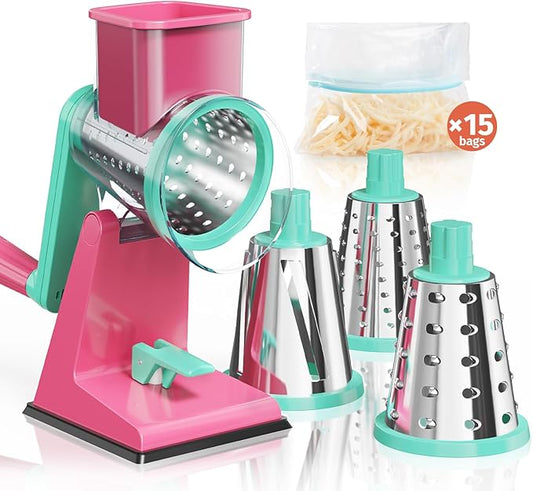 Upgraded Rotary Cheese Grater with 3 Interchangeable Stainless Steel Drums, One-Press Powerful Suction Manual Vegetable Shredder&Slicer for Kitchen, 15pcs Storage Bags Included, Rose-red&Green