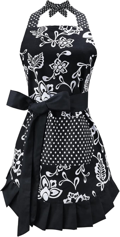 G2PLUS Vintage Floral Kitchen Apron for Women, Black Pleated Hem Cooking Apron with Pocket, Retro Cotton Apron for Kitchen and Home Use (29 x 21 inch)