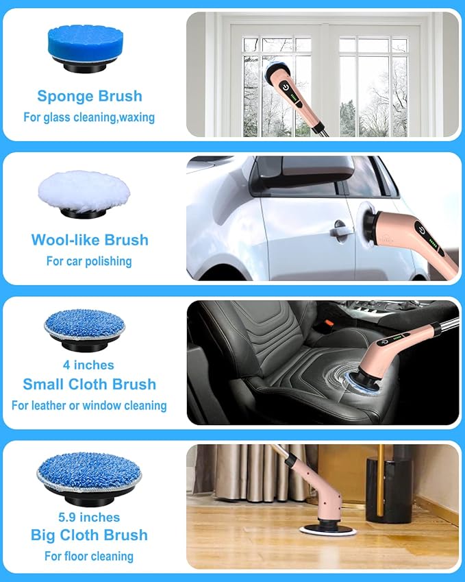 Leebein Electric Spin Scrubber, Cordless Powerful Scrub Brush for Cleaning Bathroom, Kitchen, Shower Tub and Floor Tile with Adjustable Extension Long Handle and 8 Replaceable Brush Heads(Rose) - Image 5