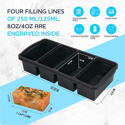 ZIP STANDING Silicone Freezer Trays with Lid,1-cup Soup Freezer Container large Ice Cube Molds with Reinforced Steel Ring Top for freezing Soup Sauce Broth Leftovers oven Dishwasher -Safe(2-Pack)
