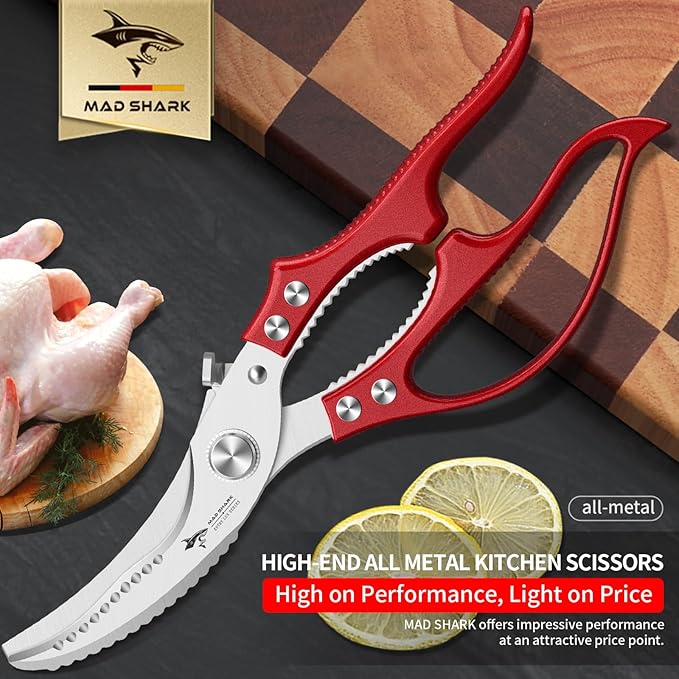 MAD SHARK Professional Heavy Duty Poultry Shears - Kitchen Shears for Spatchcocking Chicken and Meat Cutting, Multi-Purpose Kitchen Scissors for Food, Spring-loaded (Red) - Image 7