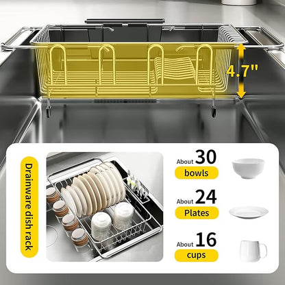 PureBox Expandable Over The Sink Dish Drying Rack - Adjustable Stainless Steel Dish Rack for Kitchen Counter or In-Sink, Heavy-Duty Rust-Proof Space Saving Drainer with Utensil Holder (15.5" to 23.2")